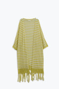 Casaco de malha amarelo estilo Boho com riscas de malha Pointelle e pormenores de franjas