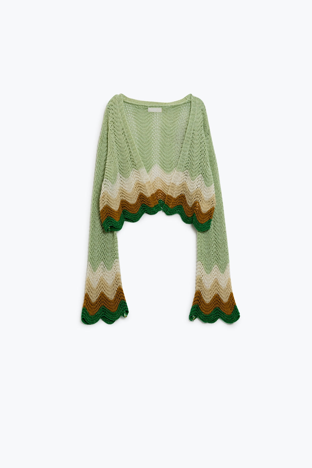 Casaco de malha curto com mangas de anjo e pormenor ondulado multicolor em verde
