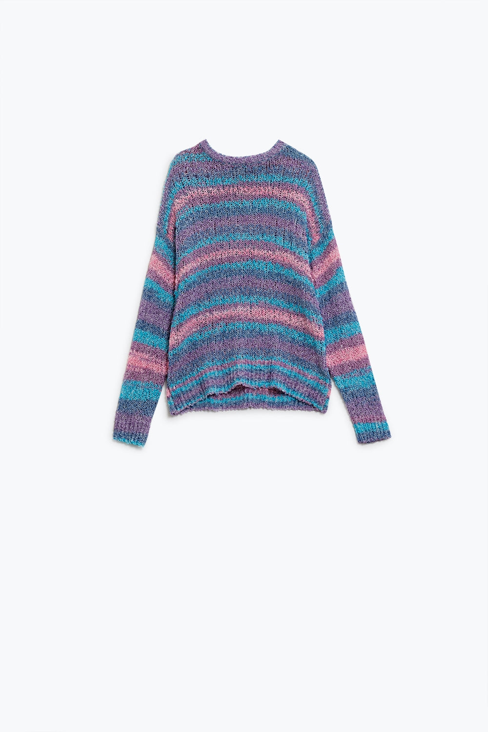 Camisola de malha aberta com gola redonda às riscas em tons de roxo e azul