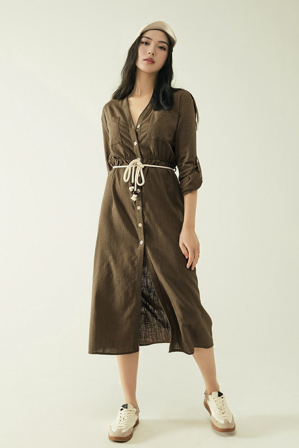 Vestido de camisa Khaki de mangas compridas com fecho de botões