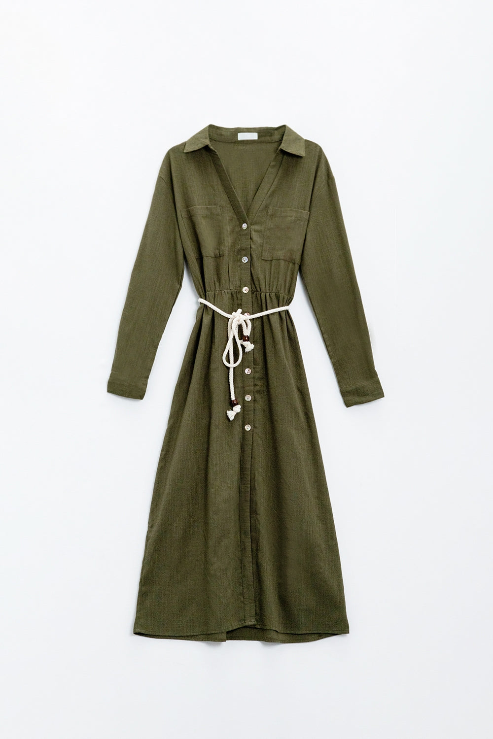 Vestido de camisa Khaki de mangas compridas com fecho de botões