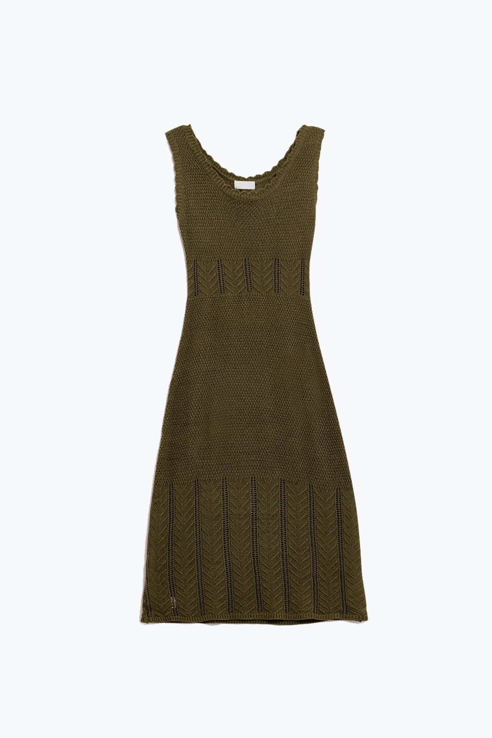 Vestido midi de malha caqui sem mangas com gola redonda