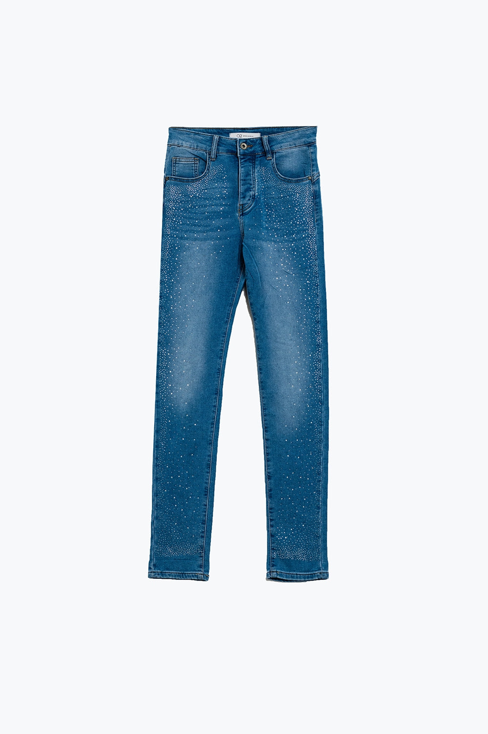 Calças de ganga skinny em azul lavado com strass na parte da frente