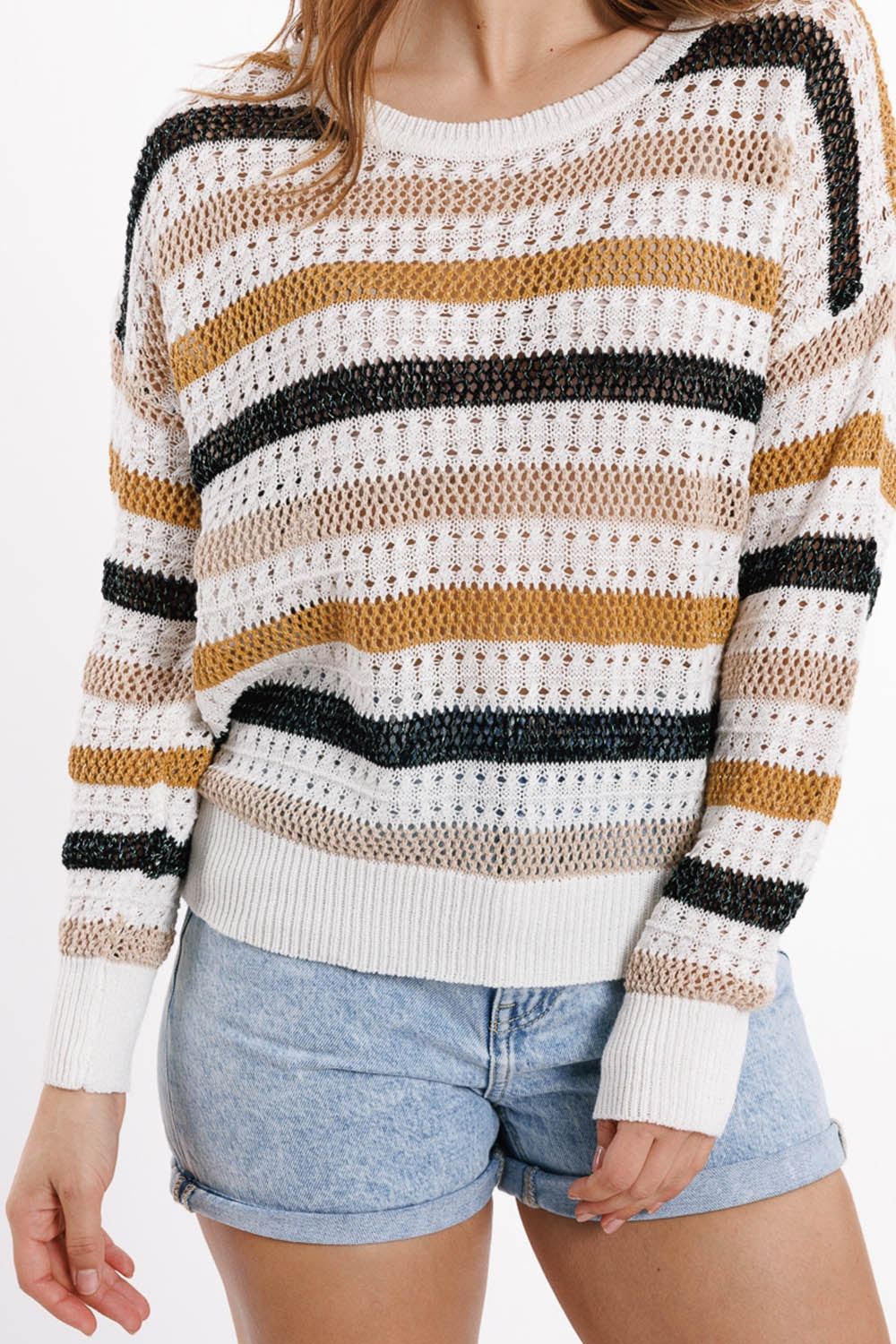 Camisola de malha branca com riscas multicoloridas