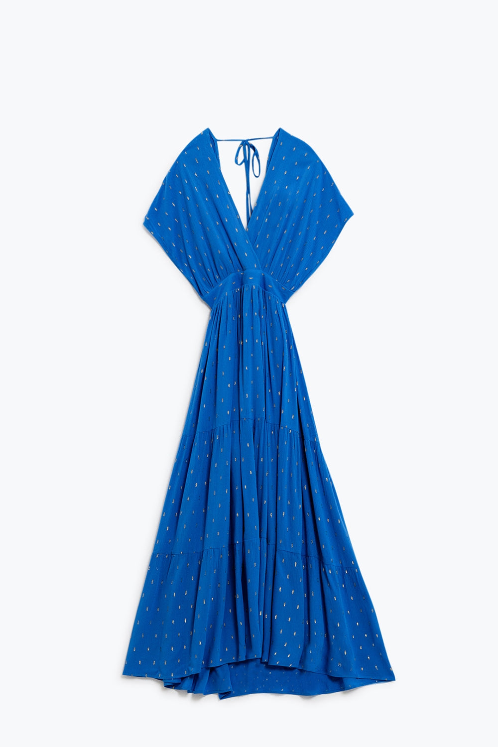 vestido maxi azul solto com pormenores dourados