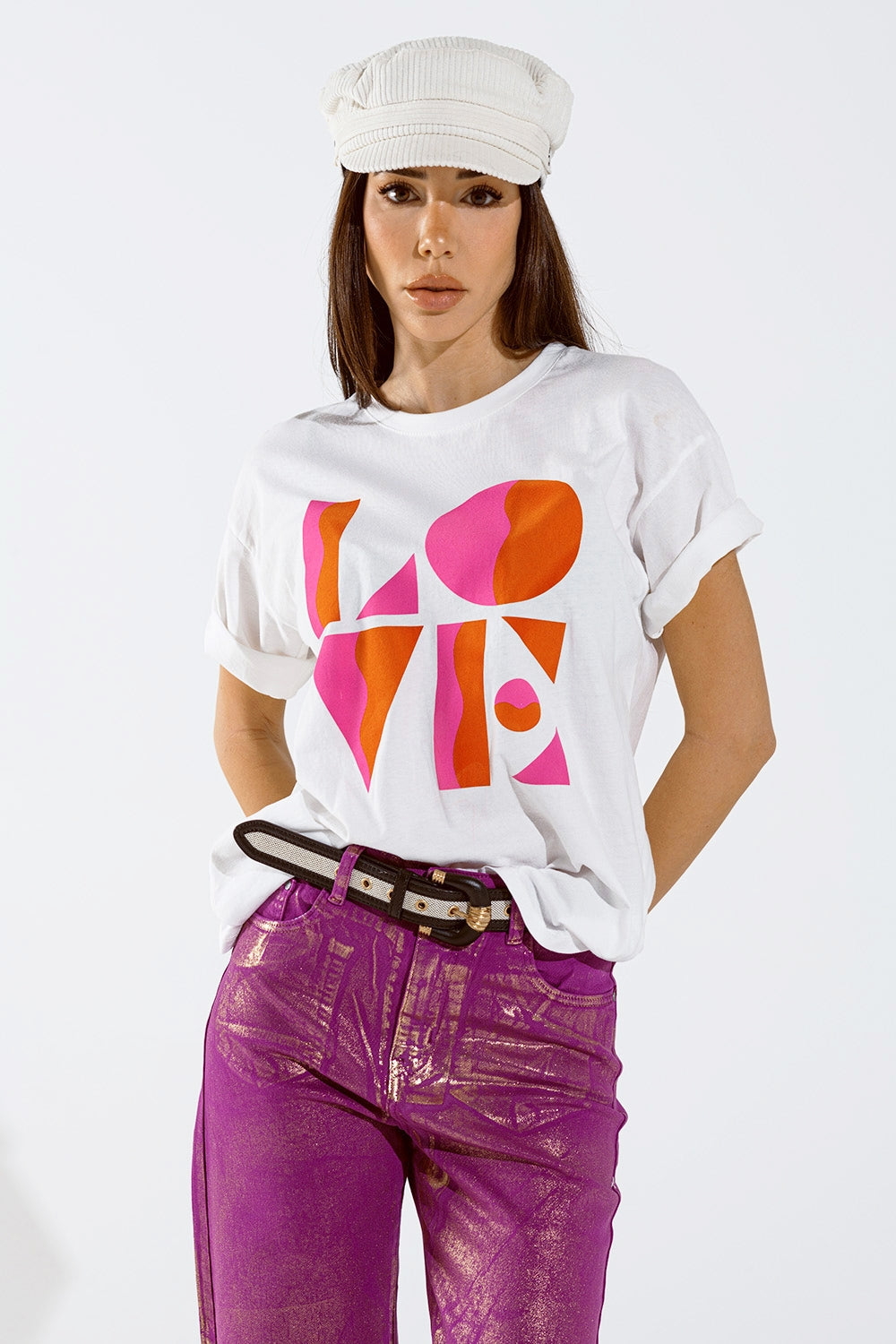 T-shirt com estampado digital art deco LOVE em branco