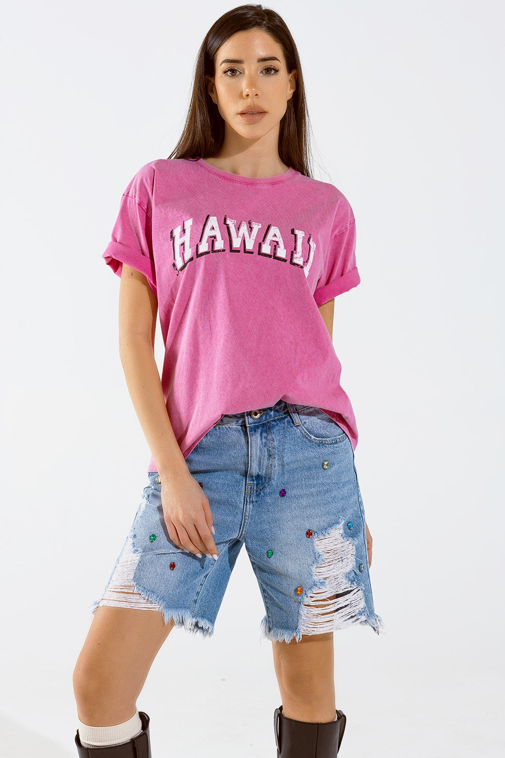 T-shirt Washed Effect Hawaii em fuschia