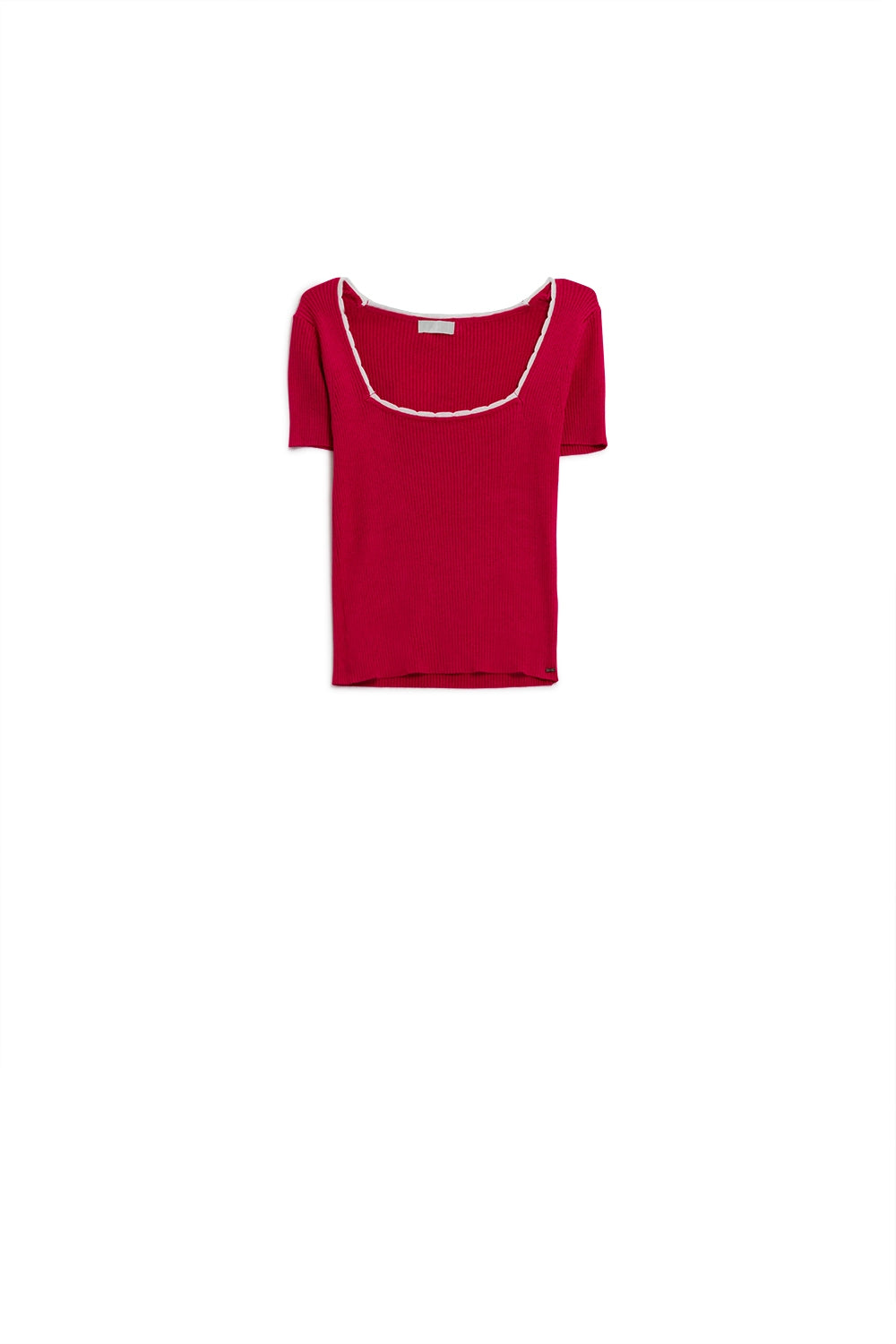 Camisola de manga curta de malha fúcsia com gola quadrada e rebordo branco