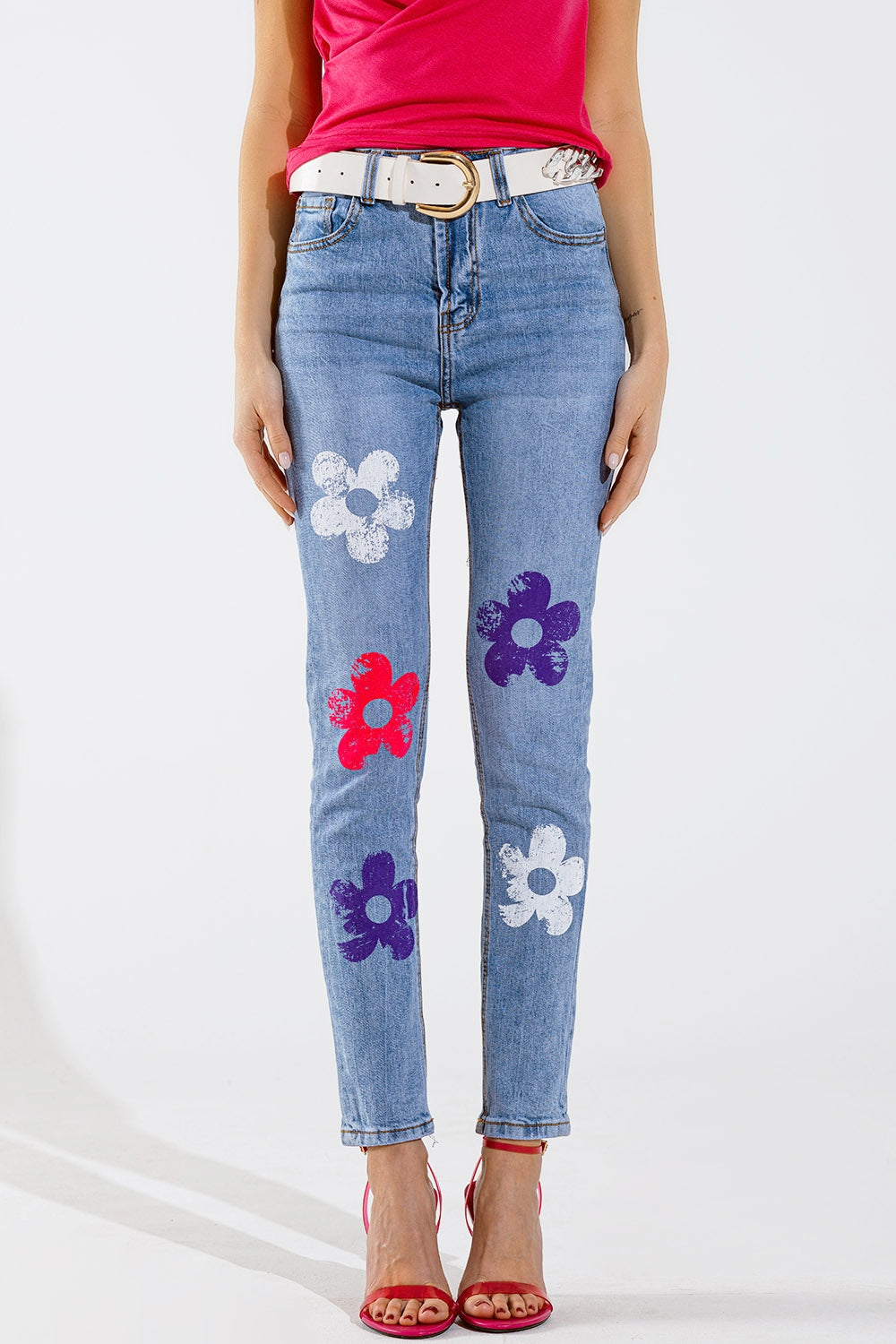 Calças de ganga skinny de 5 bolsos com pormenor de flores