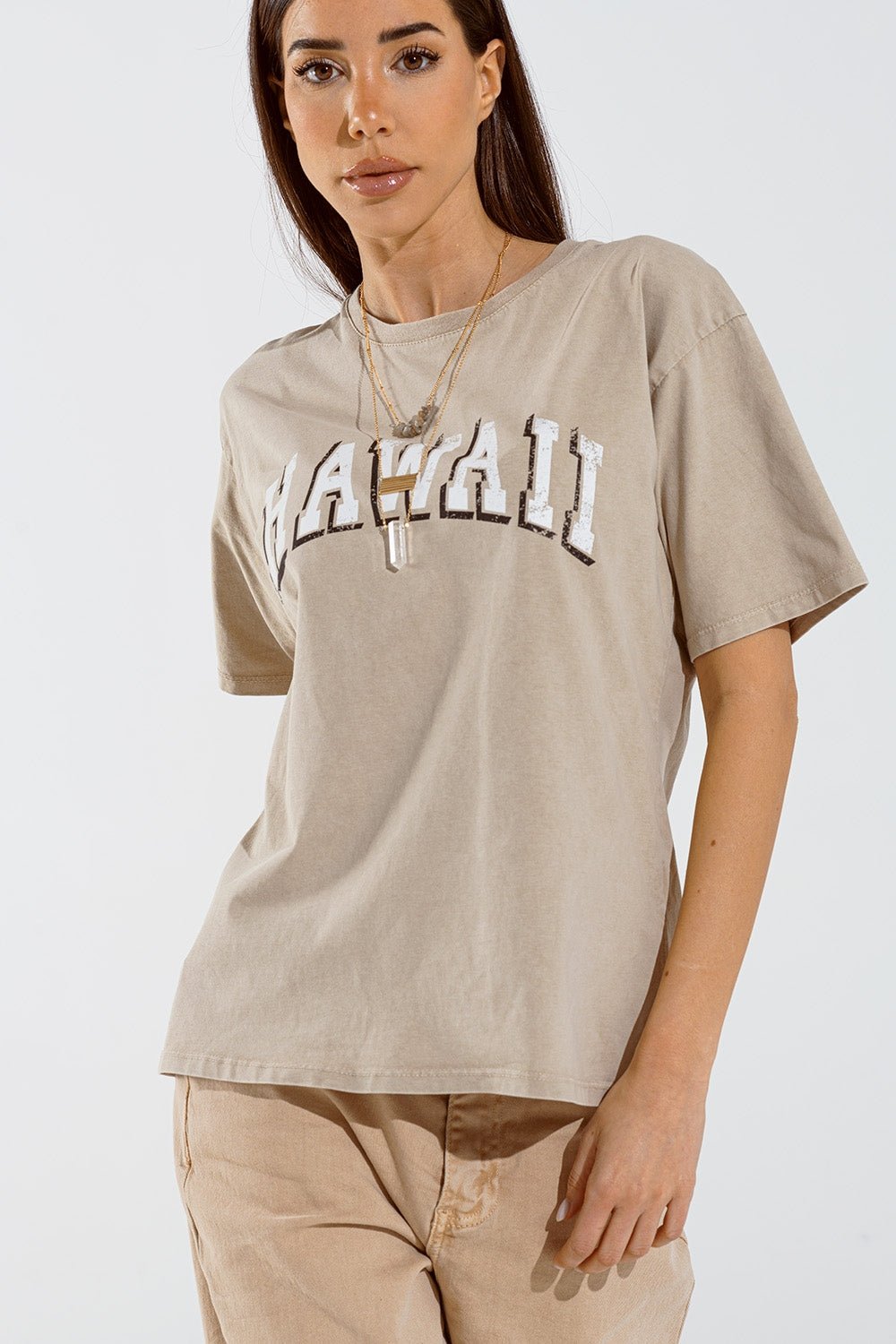 T-shirt Washed Effect Hawaii em bege