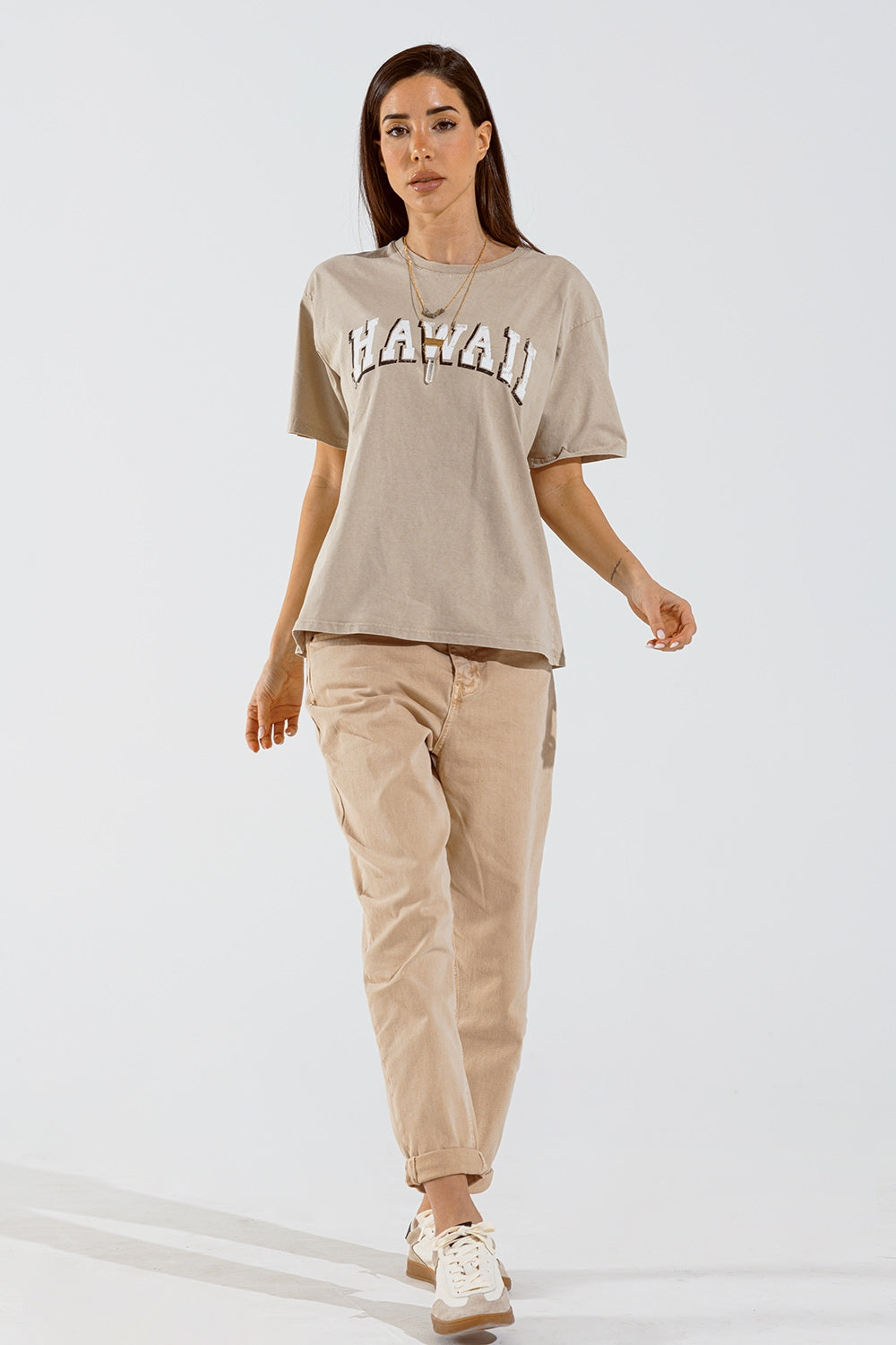 T-shirt Washed Effect Hawaii em bege