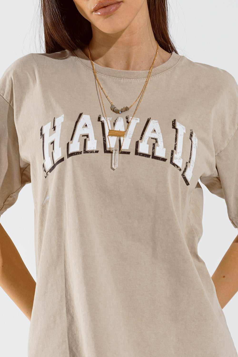 T-shirt Washed Effect Hawaii em bege