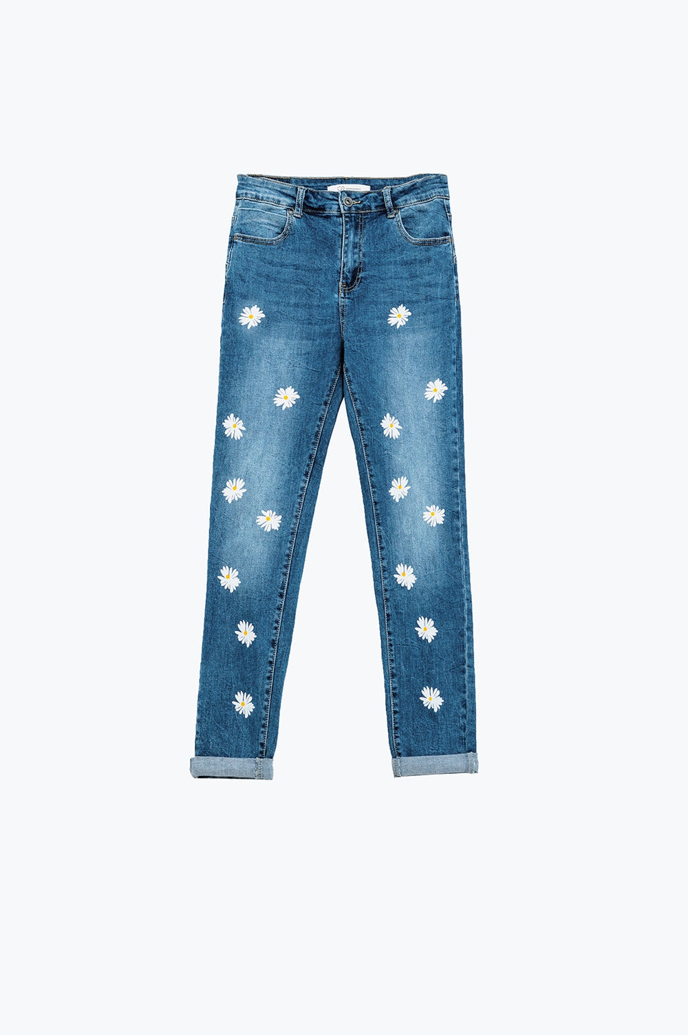 Calças de ganga skinny com margaridas brancas estampadas em lavagem média