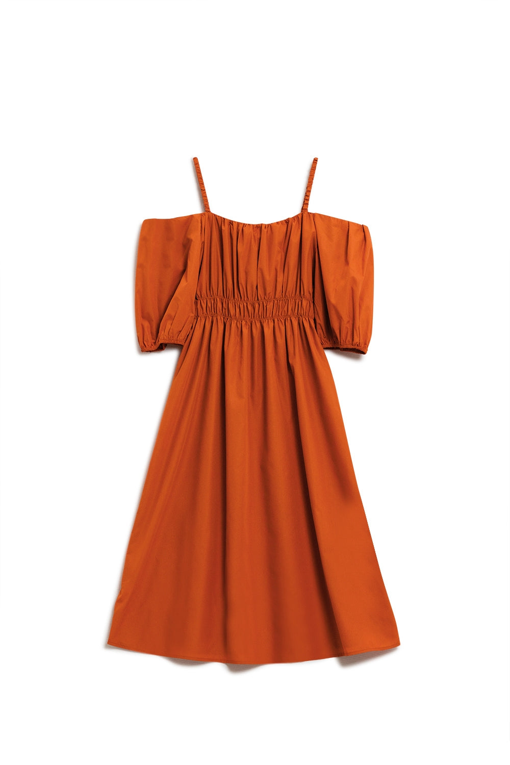 Vestido midi cor de laranja com mangas curtas e alças