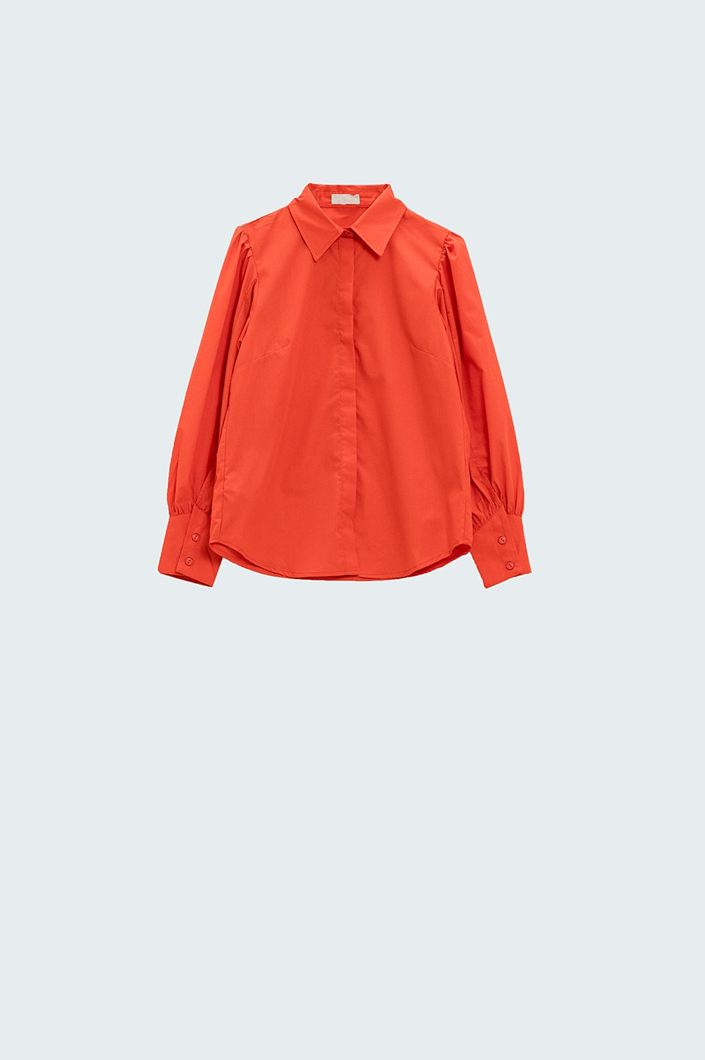 Camisa básica em popeline laranja com mangas compridas em balão