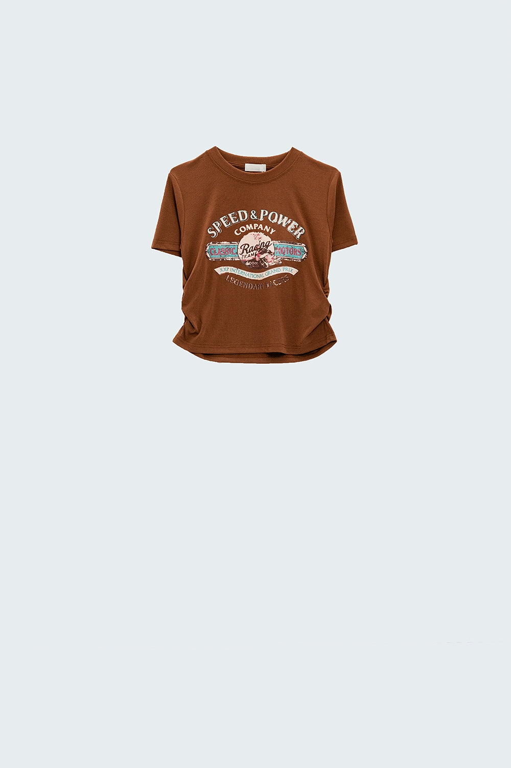 T-shirt castanha de gola redonda com estampado gráfico