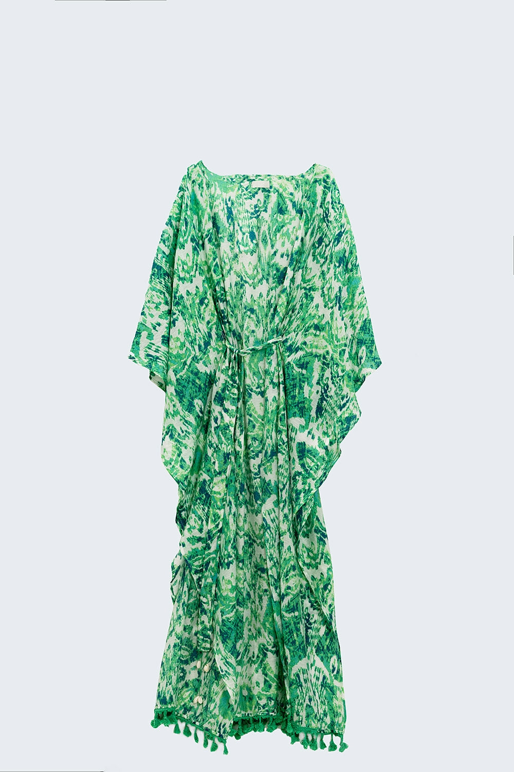 Quimono comprido verde com fecho de cordão em estampado tribal