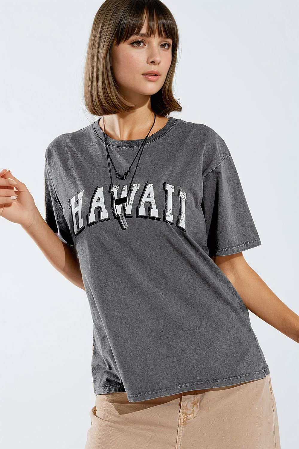 T-shirt Washed Effect Hawaii em cinzento