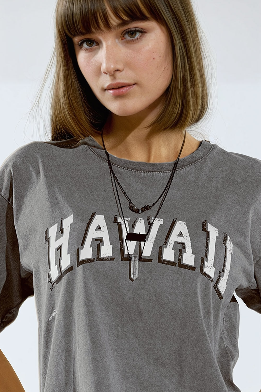 T-shirt Washed Effect Hawaii em cinzento