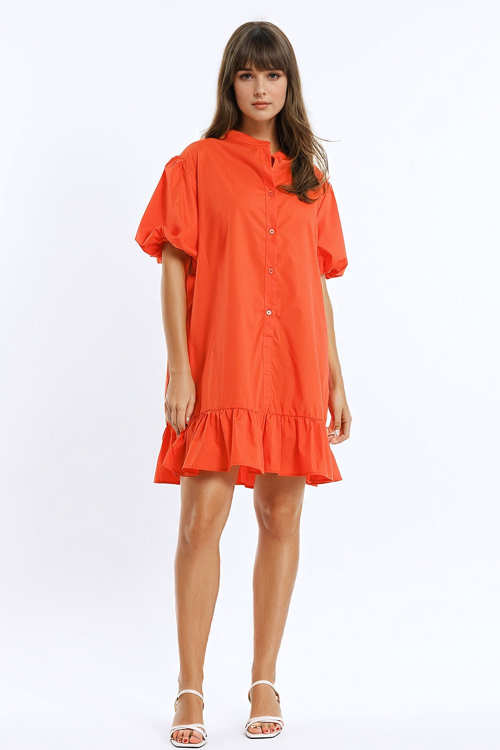 Vestido de camisa descontraído com mangas curtas em balão e folho em laranja