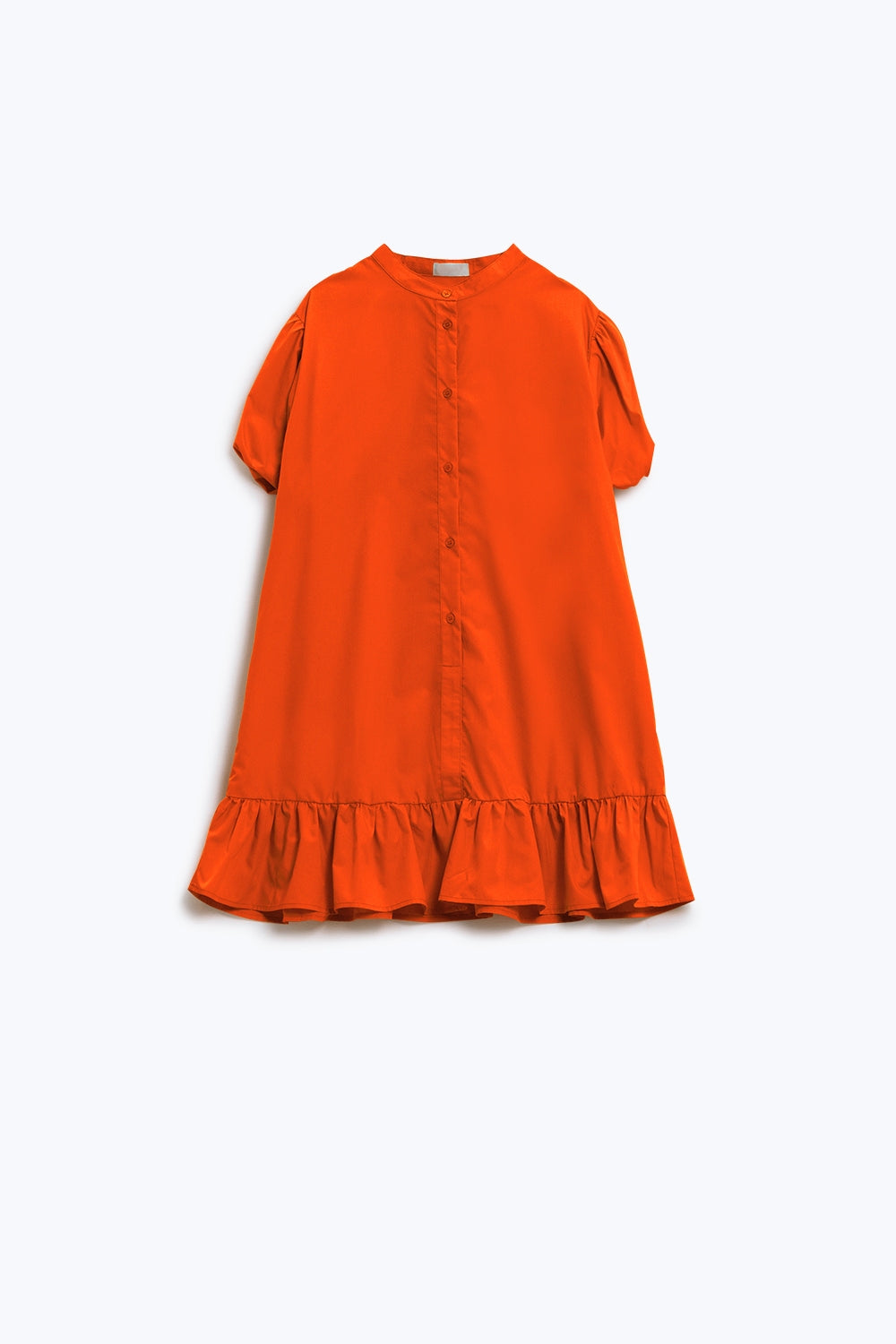 Vestido de camisa descontraído com mangas curtas em balão e folho em laranja