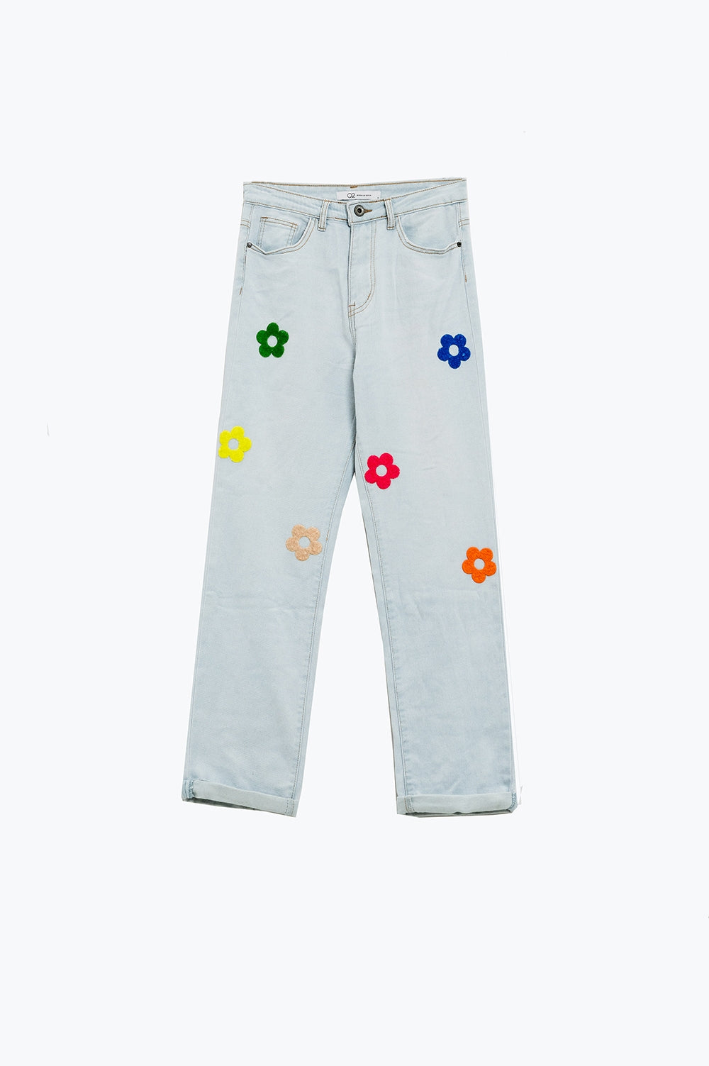 Calças de ganga descontraídas branqueadas com um design floral multicolorido