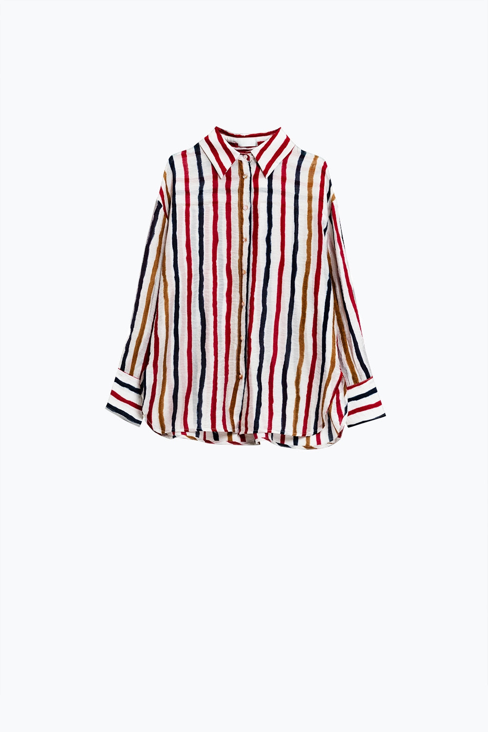 Camisa de manga comprida em chiffon com riscas multicoloridas vermelho e azul-marinho