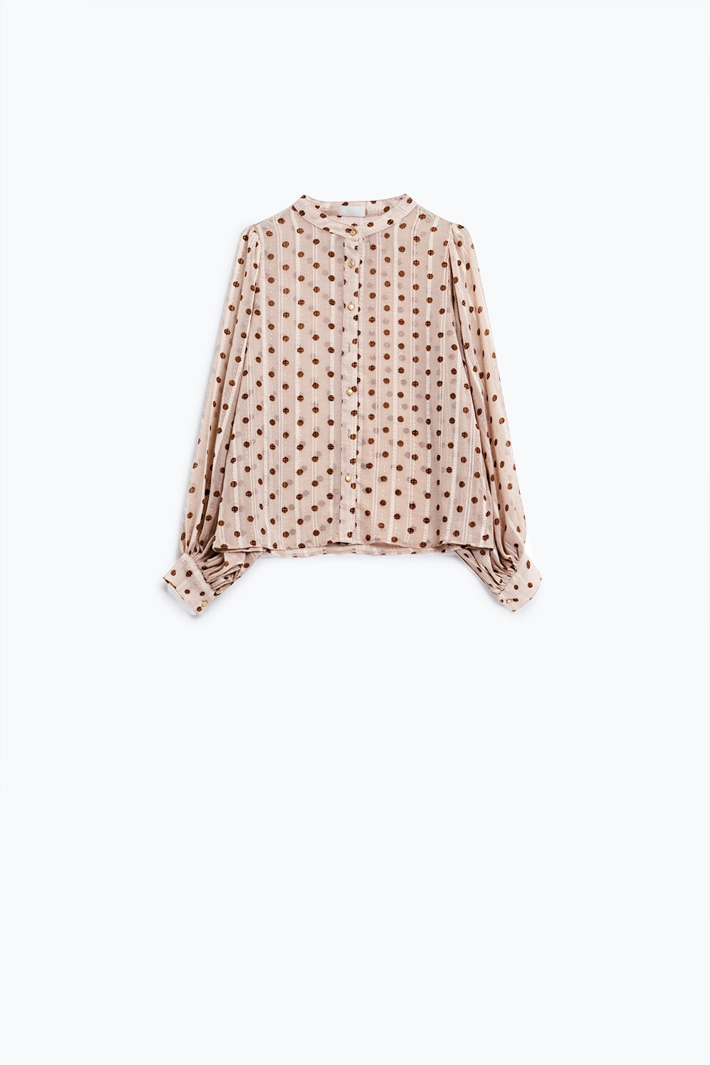 Blusa com mangas em balão e bolinhas em bege
