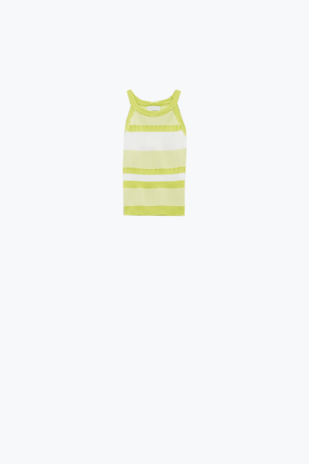 Camisola com haltere verde-limão com desenho de riscas em malhas diferentes