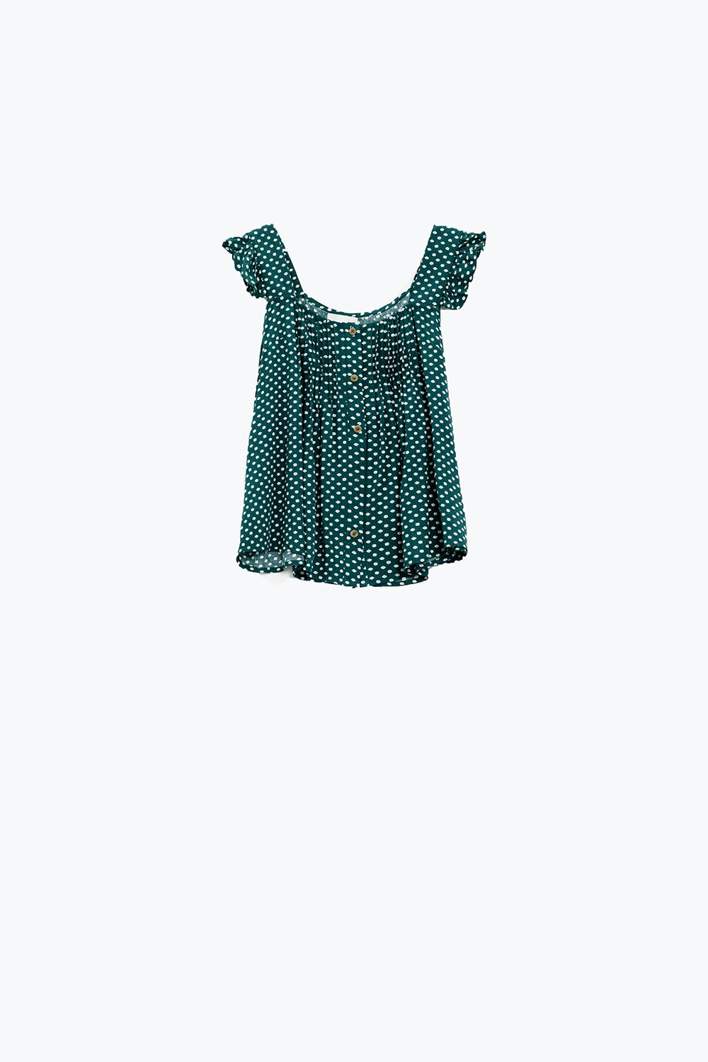 Blusa com botões mangas curtas com folhos e estampado de flores em verde