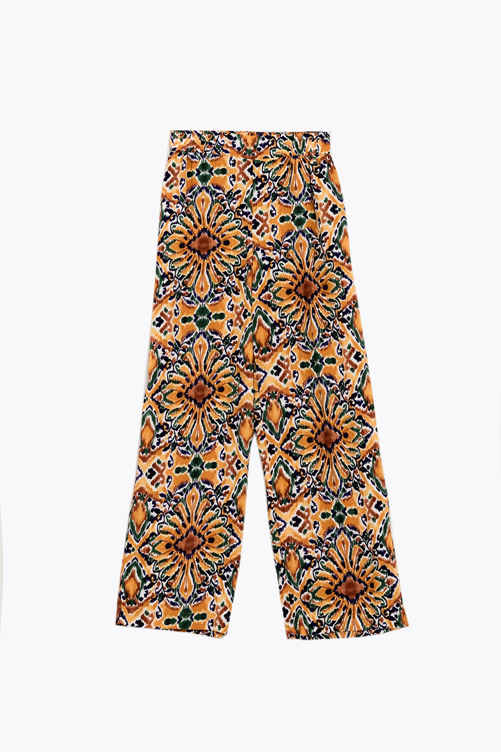 Calças multicoloridas com estampado de flores em laranja e azul