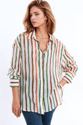 camisa de manga comprida em chiffon com riscas multicoloridas verdes e castanhas