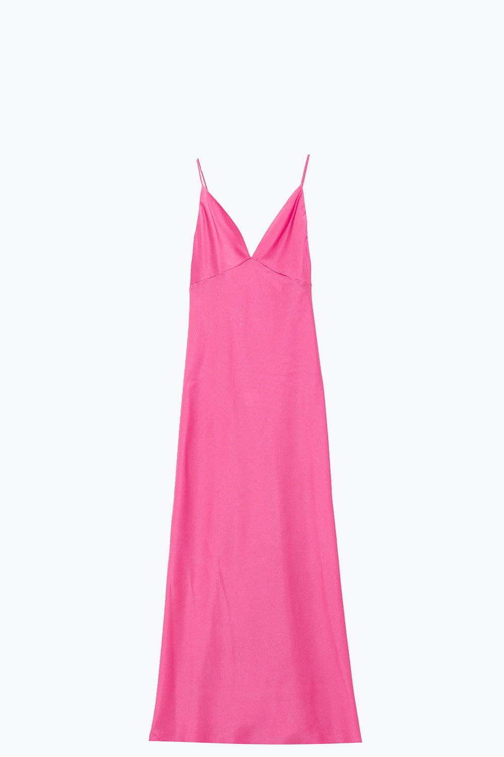 Vestido de Cetim Maxi com Alças de Esparguete em Fuchsia