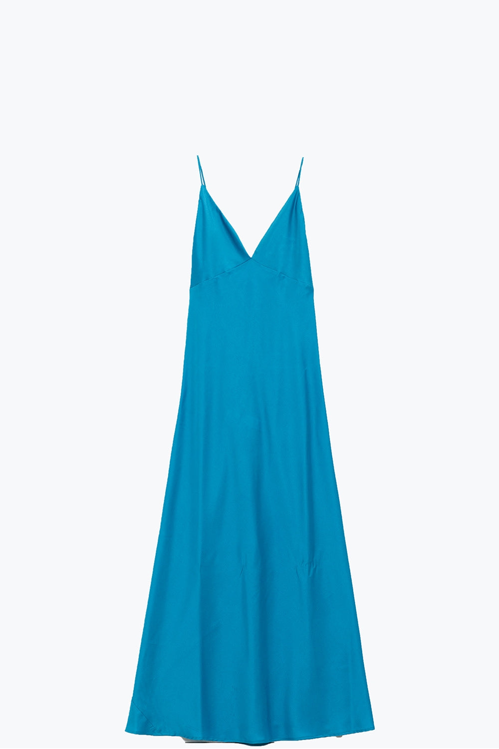Vestido maxi de cetim com alças de esparguete em azul