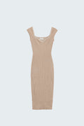 Vestido bege midi justo de malha grossa com mangas curtas