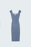 Vestido midi azul justo com mangas curtas em tecido canelado grosso