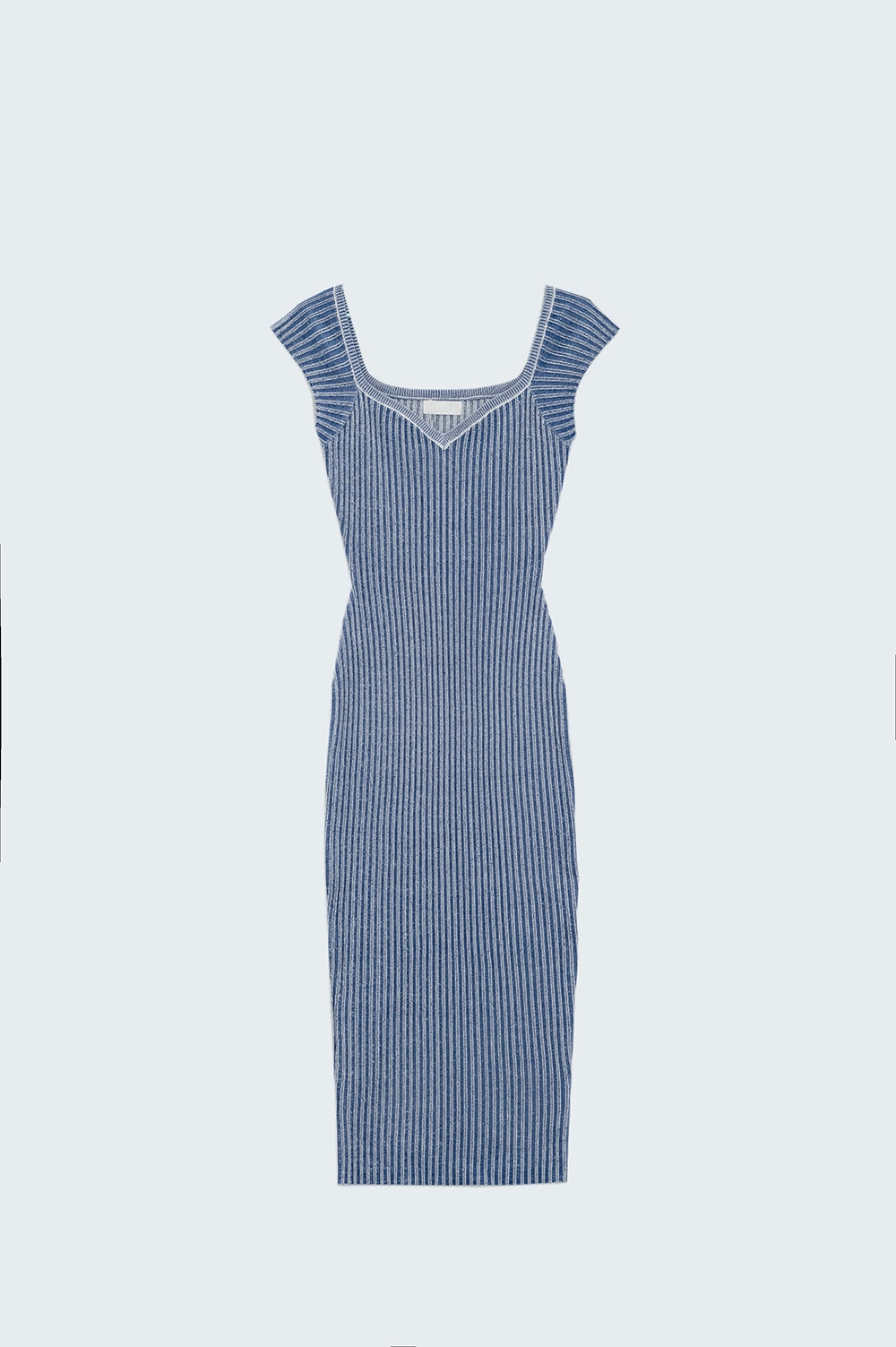 Vestido midi azul justo com mangas curtas em tecido canelado grosso