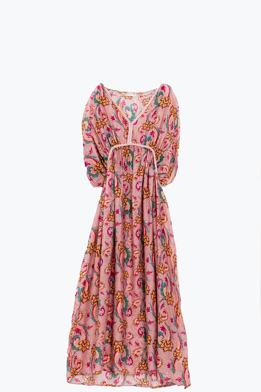 Vestido maxi em cor-de-rosa com costuras entrançadas e estampado de flores