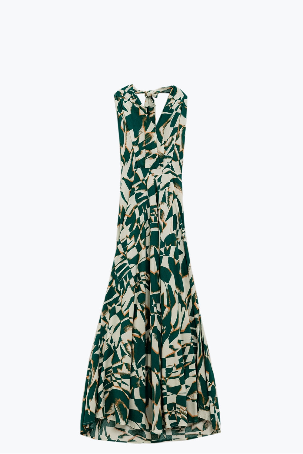 Vestido Midi Halter com cintura subida em estampado verde e branco abstrato