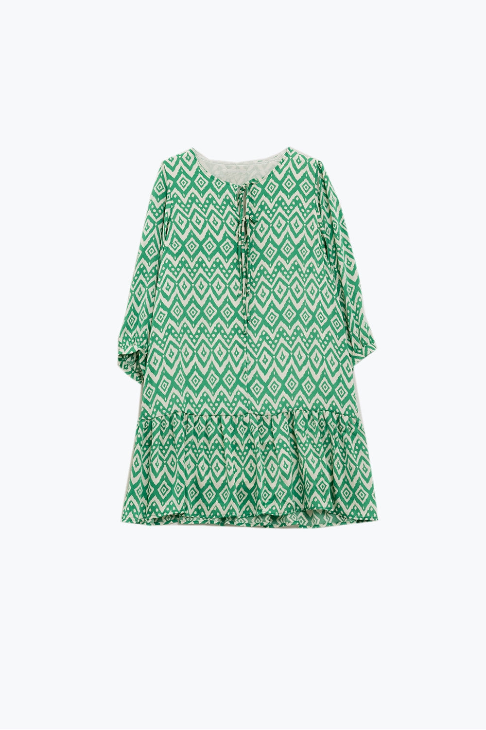 Vestido curto com pormenores de laço à frente em estampado étnico verde