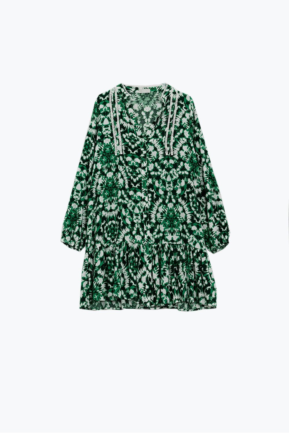 Vestido curto com estampado Tie Dye mangas compridas e rebordo de renda em verde