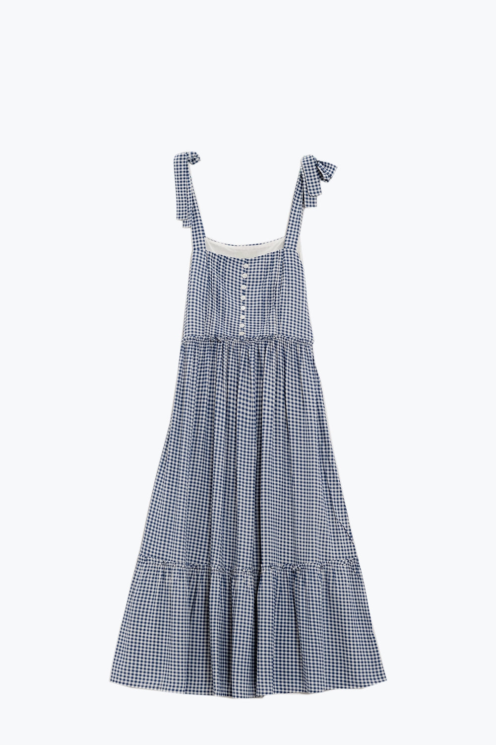 Vestido azul e branco em xadrez em linha A com alças ajustáveis