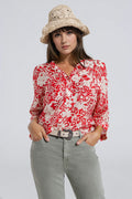 Blusa vermelha descontraída com estampado floral e mangas em sino