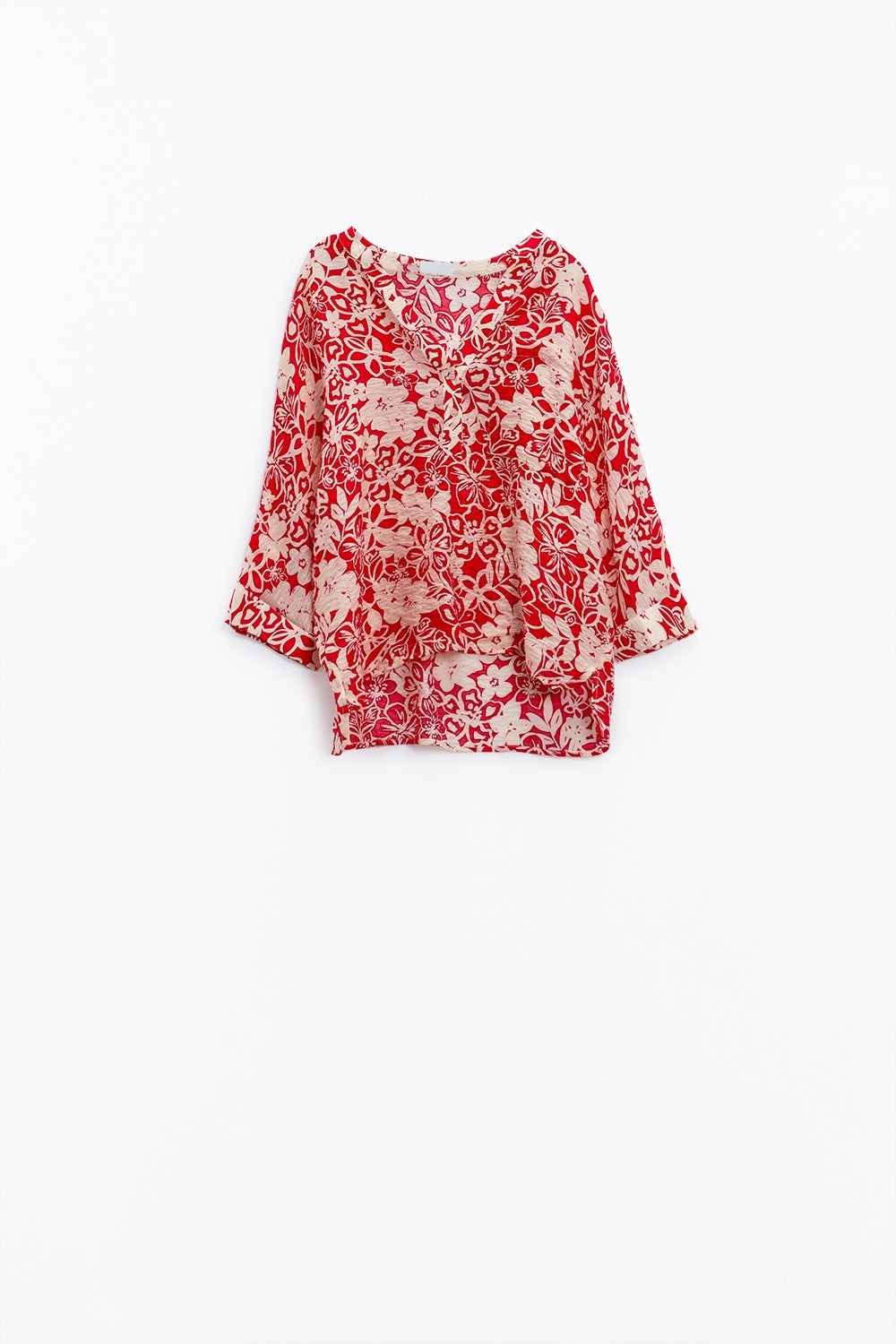 Blusa vermelha descontraída com estampado floral e mangas em sino