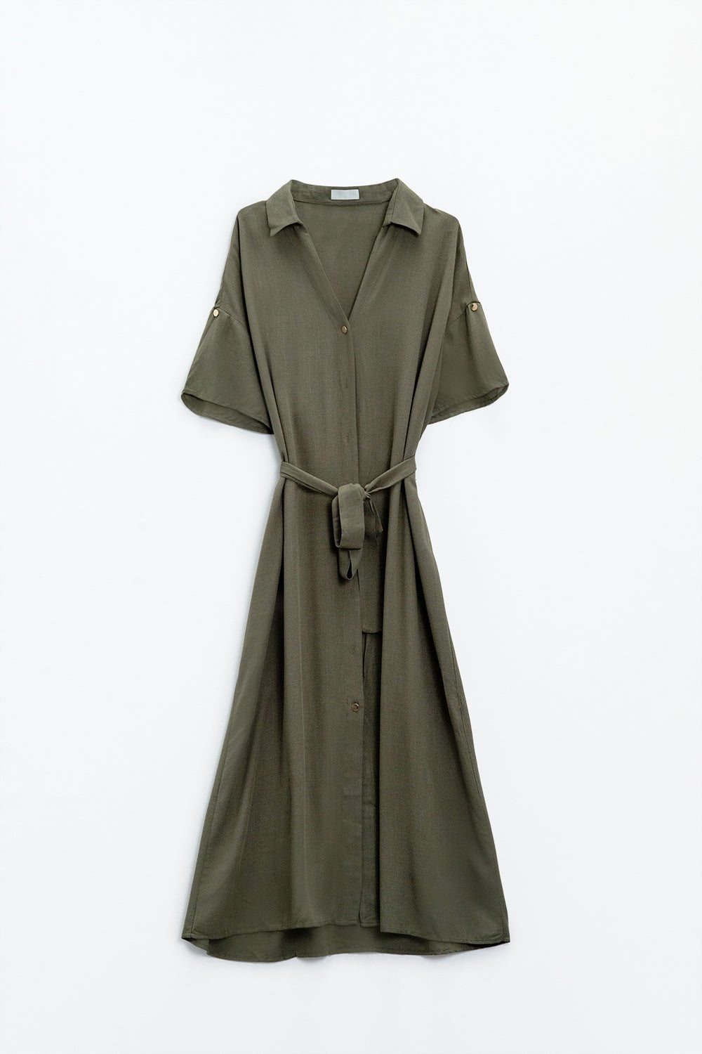 Vestido midi caqui com botões mangas curtas e cinto a condizer
