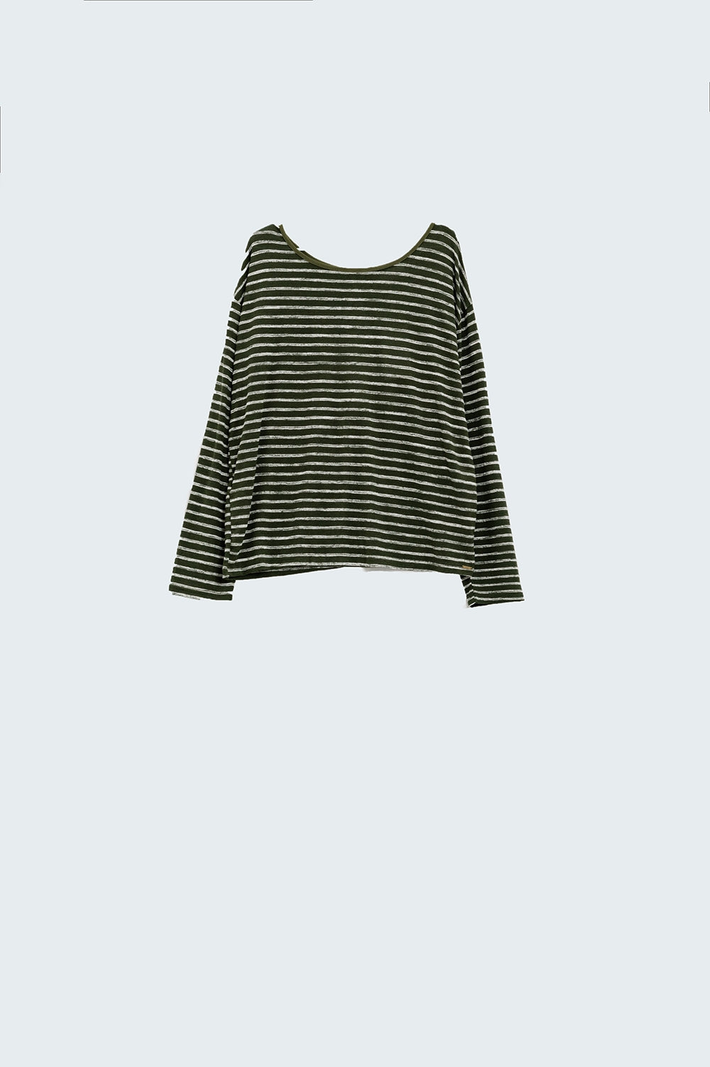 T-shirt de riscas descontraída em caqui com pormenor aberto nas costas