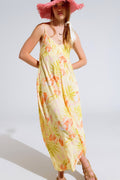 macacão maxi amarelo com estampado tropical