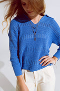 Camisola de malha em croché com decote em V e gola polo em azul
