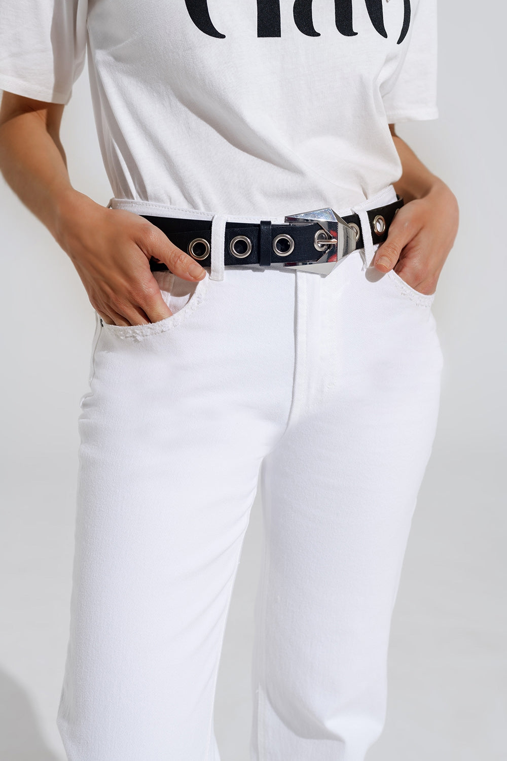 Calças de ganga Straight com 5 bolsos em branco