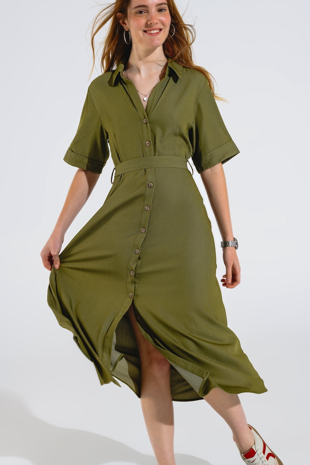 Vestido de camisa maxi verde com gola polo
